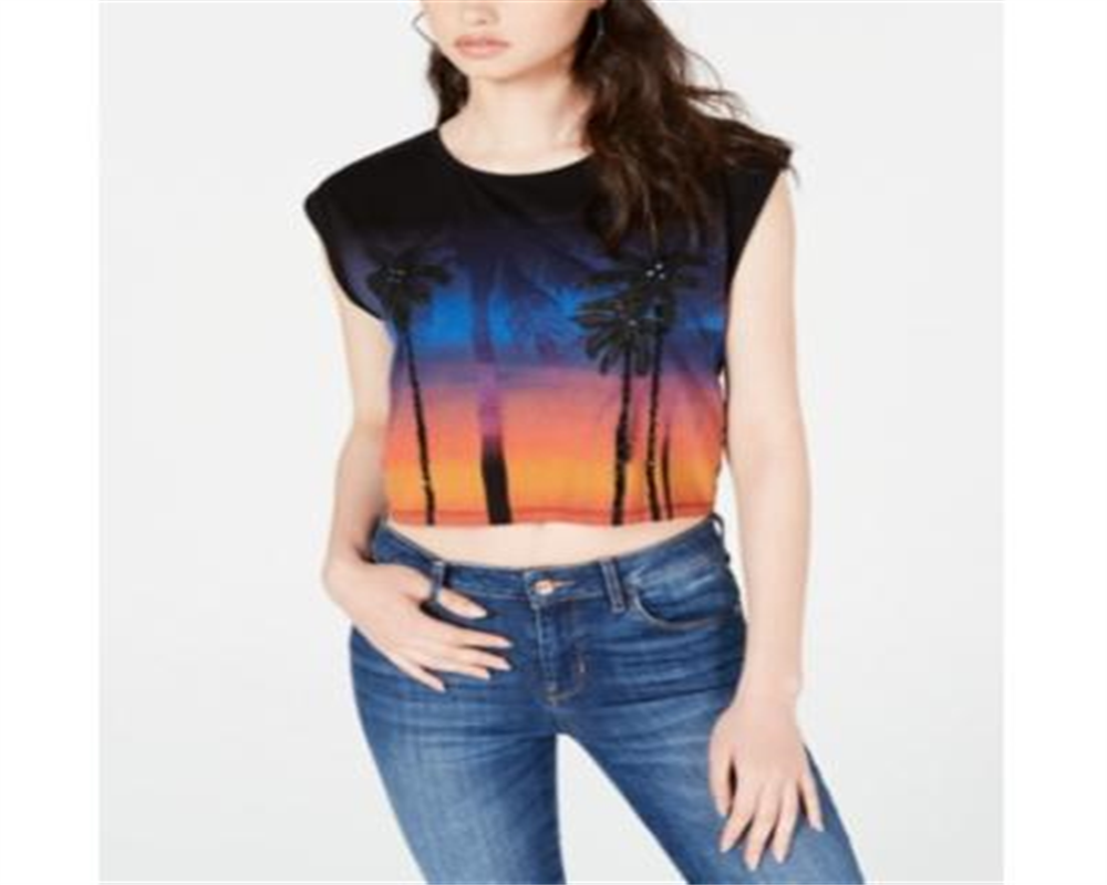 Guess Top curto estampado feminino com manga curta e gola redonda, preto, tamanho grande