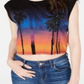 Guess Top curto estampado feminino com manga curta e gola redonda, preto, tamanho grande