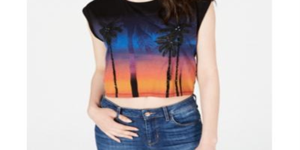 Guess Top curto estampado feminino com manga curta e gola redonda, preto, tamanho grande