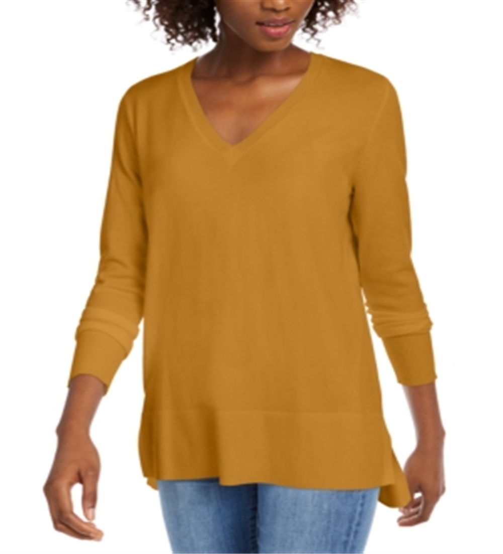Suéter feminino Maison Jules com decote em V, amarelo, tamanho XX-G