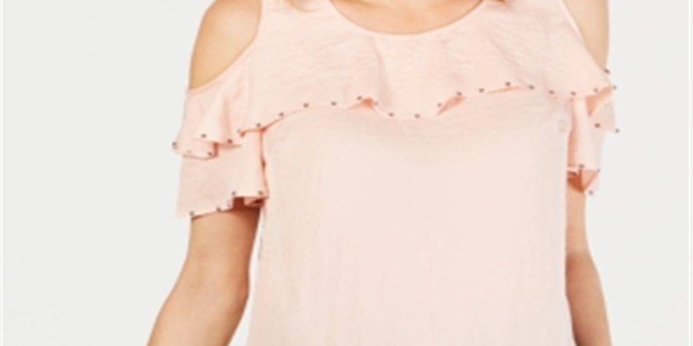 JM Collection Blusa feminina com babados e ombros de fora, rosa, tamanho X-S