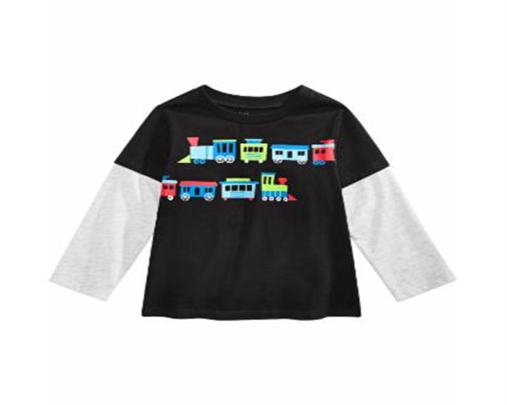 Camiseta infantil de algodão com estampa de trens e camadas First Impressions para meninos, preta, tamanho 2T