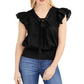 Blusa feminina INC International Concepts com amarração e mangas com babados, preta, tamanho médio