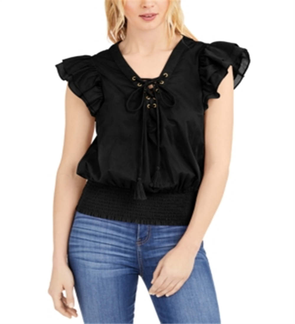 Blusa feminina INC International Concepts com amarração e mangas com babados, preta, tamanho médio