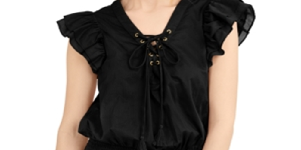 Blusa feminina INC International Concepts com amarração e mangas com babados, preta, tamanho médio