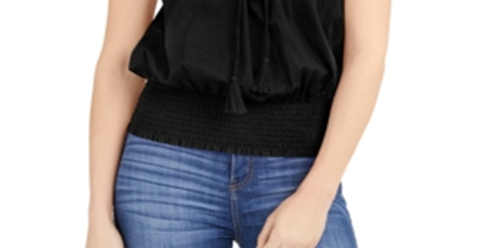 Blusa feminina INC International Concepts com amarração e mangas com babados, preta, tamanho médio