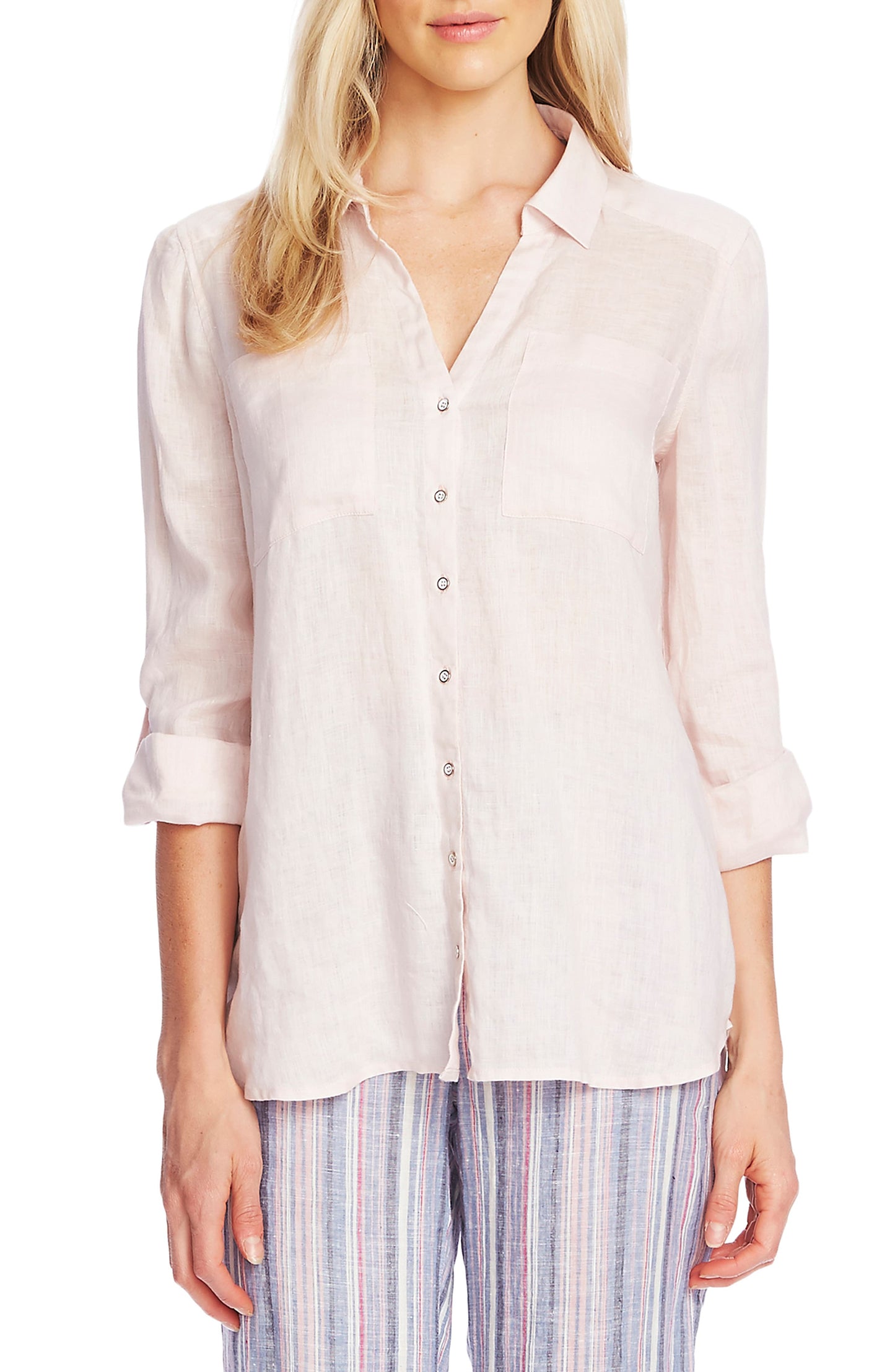 Blusa feminina Vince Camuto de linho com mangas compridas e botões, rosa, tamanho XS