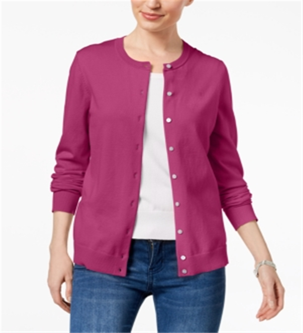 Cardigan feminino Karen Scott com gola redonda, rosa, tamanho pequeno