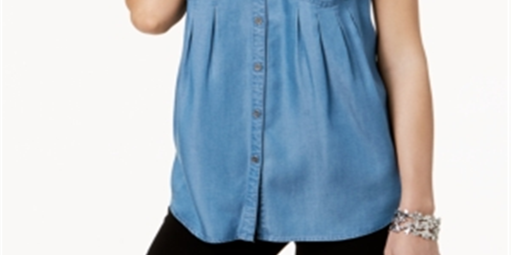 Blusa feminina de manga curta com botões Style &amp; Company, azul, tamanho pequeno