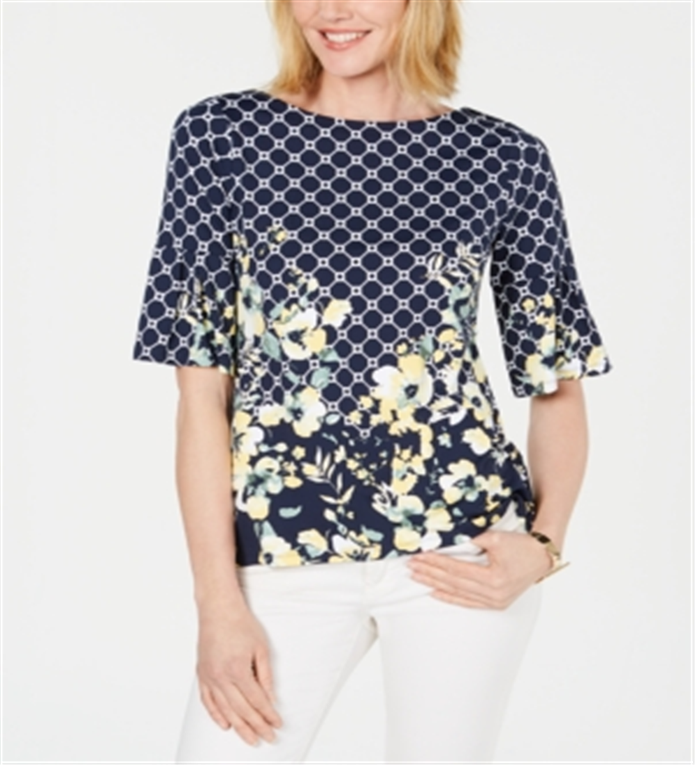 Blusa feminina Charter Club com estampa floral e mangas franzidas, azul, tamanho pequeno