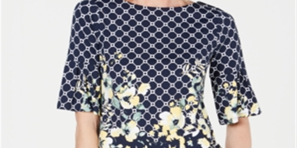 Blusa feminina Charter Club com estampa floral e mangas franzidas, azul, tamanho pequeno