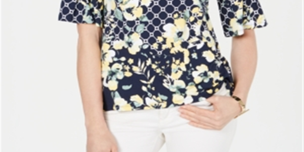 Blusa feminina Charter Club com estampa floral e mangas franzidas, azul, tamanho pequeno