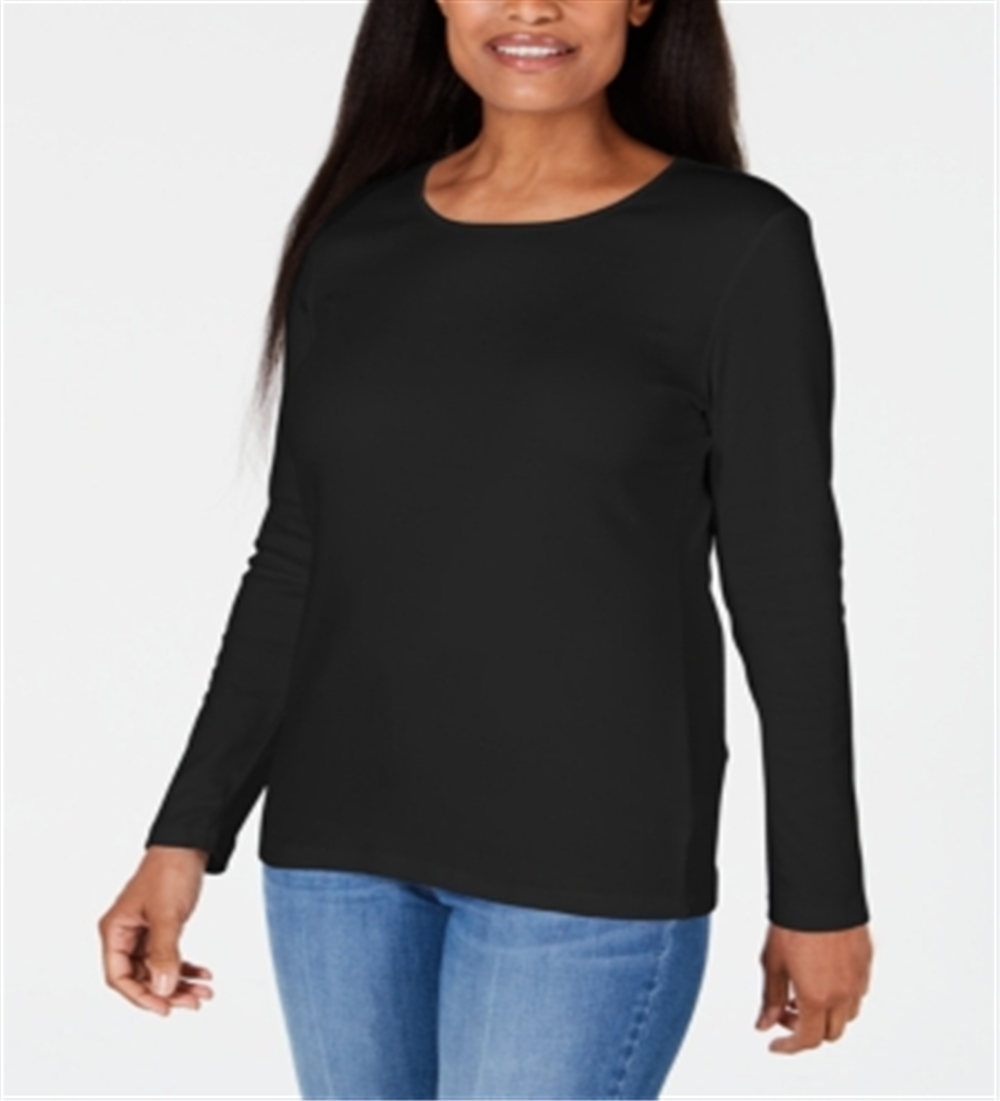 Karen Scott Top Feminino com Decote Redondo e Acabamento em Cetim, Preto, Tamanho XS
