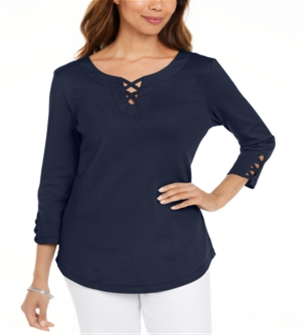 Camiseta feminina Karen Scott de algodão com cadarço, azul, tamanho grande