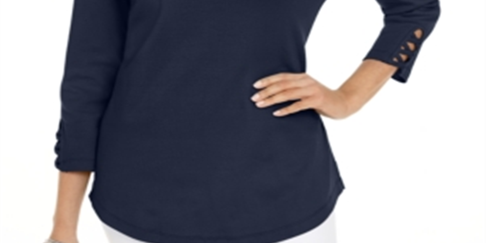 Camiseta feminina Karen Scott de algodão com cadarço, azul, tamanho grande