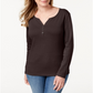 Blusa feminina Karen Scott de algodão com gola Henley, marrom, tamanho PSM