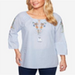 Blusa feminina Alfred Dunner 100% algodão Lake Tahoe com manga sino, azul, tamanho 16