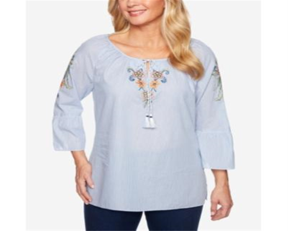 Blusa feminina Alfred Dunner 100% algodão Lake Tahoe com manga sino, azul, tamanho 16