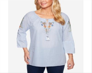 Alfred Dunner Women's 100% Cotton Lake Tahoe Bell Sleeve Top BlueSize 16