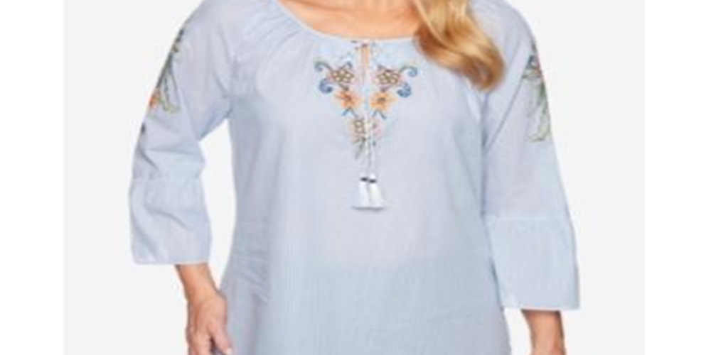 Blusa feminina Alfred Dunner 100% algodão Lake Tahoe com manga sino, azul, tamanho 16