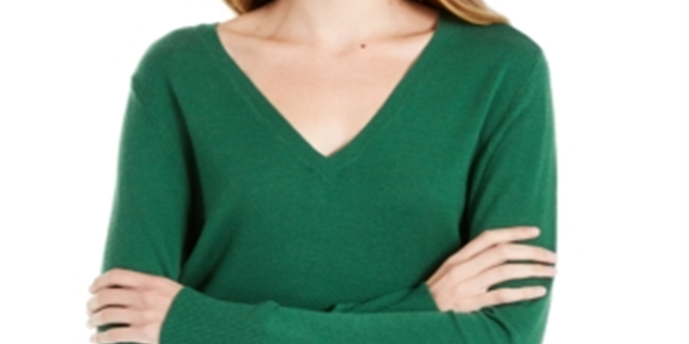 Suéter feminino Maison Jules com decote em V, verde, tamanho XS