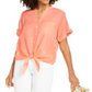Camisa feminina Charter Club de linho com botões e amarração frontal, laranja, tamanho médio