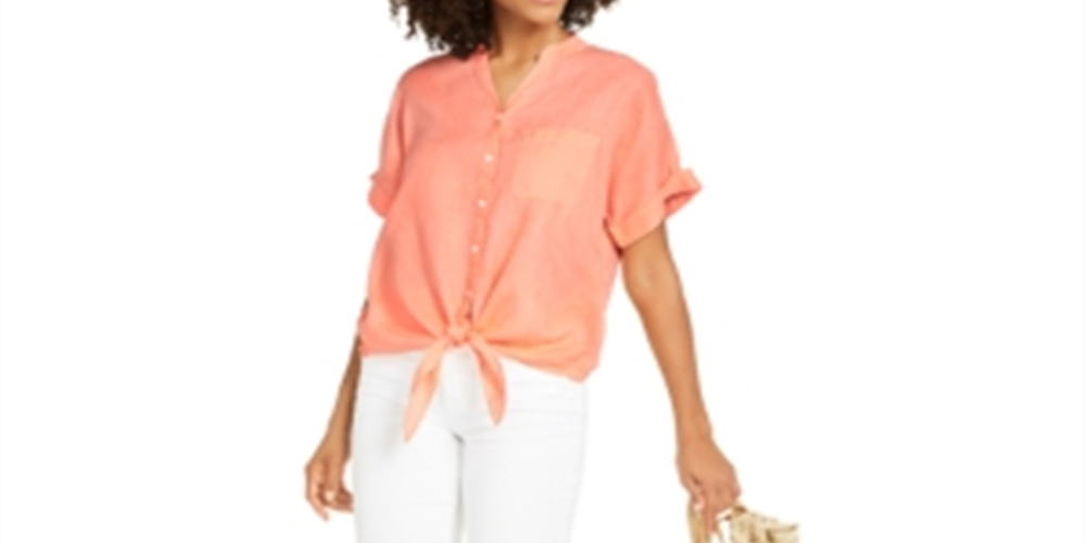 Camisa feminina Charter Club de linho com botões e amarração frontal, laranja, tamanho médio