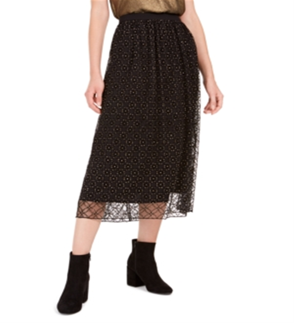 Saia midi feminina Bar III com sobreposição de renda, preta, tamanho XX-S