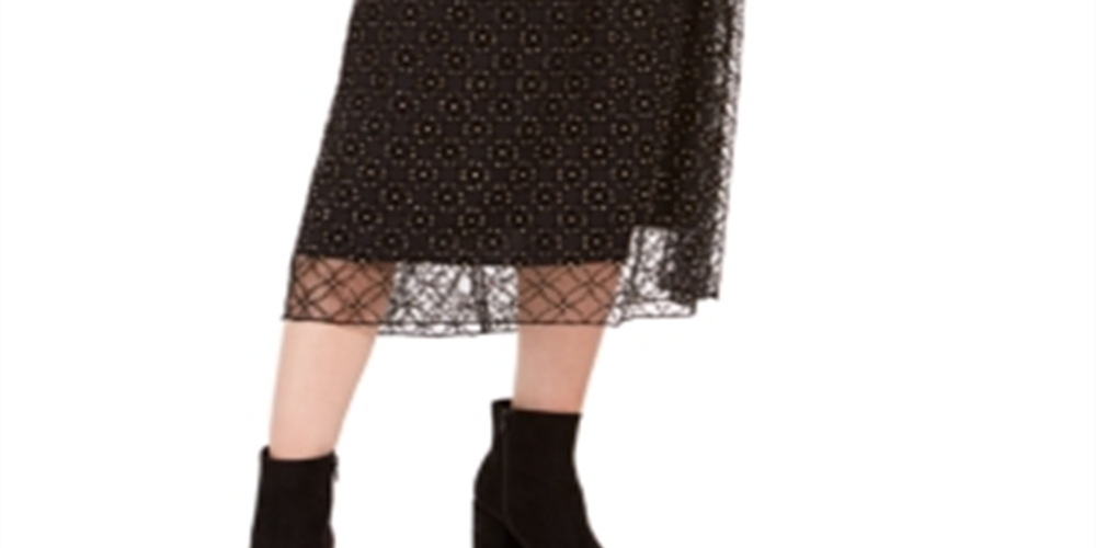 Saia midi feminina Bar III com sobreposição de renda, preta, tamanho XX-S