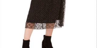 Saia midi feminina Bar III com sobreposição de renda, preta, tamanho XX-S