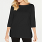 Karen Scott Blusa de malha feminina de algodão com gola canoa e manga 3/4, preta, tamanho XS