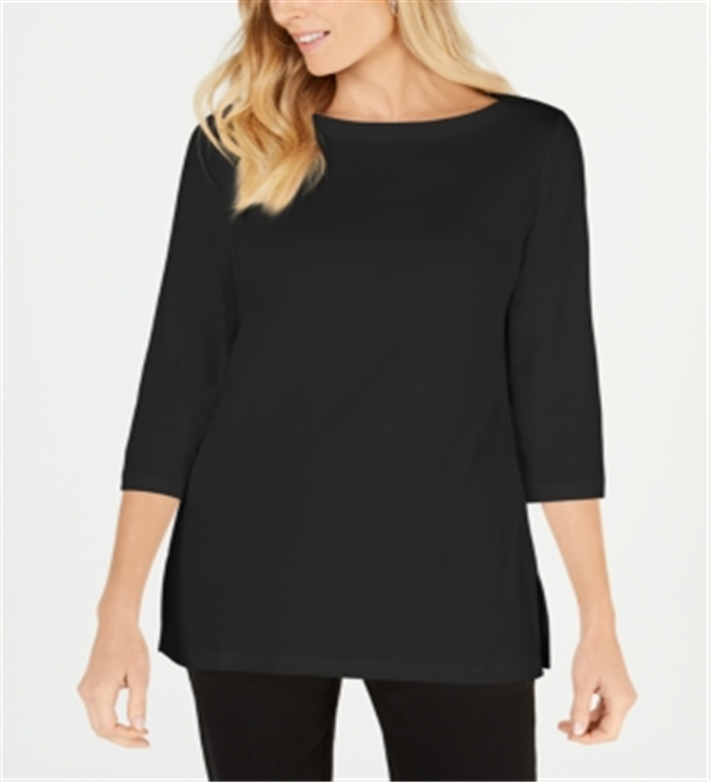 Karen Scott Blusa de malha feminina de algodão com gola canoa e manga 3/4, preta, tamanho XS