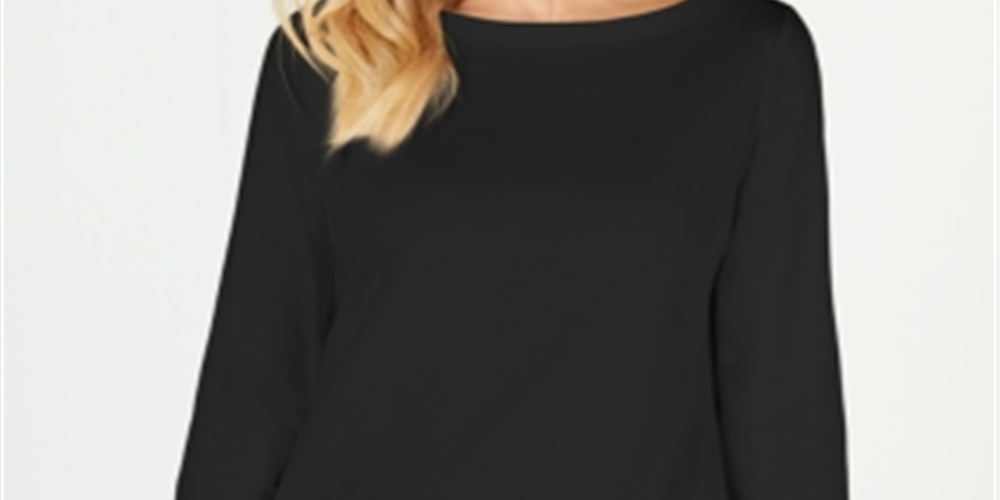 Karen Scott Blusa de malha feminina de algodão com gola canoa e manga 3/4, preta, tamanho XS