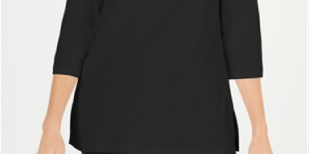 Karen Scott Blusa de malha feminina de algodão com gola canoa e manga 3/4, preta, tamanho XS