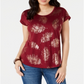 Blusa feminina com estampa de folhas e decote redondo, tamanho médio, vermelha, estilo &amp; co