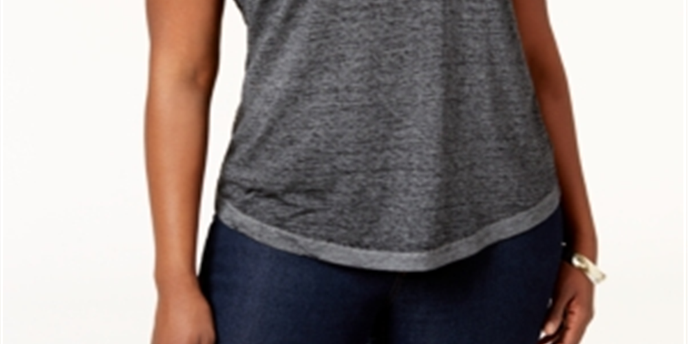 Camiseta feminina plus size com decote em V e manga curta, cinza, tamanho 0X, da Style &amp; Co