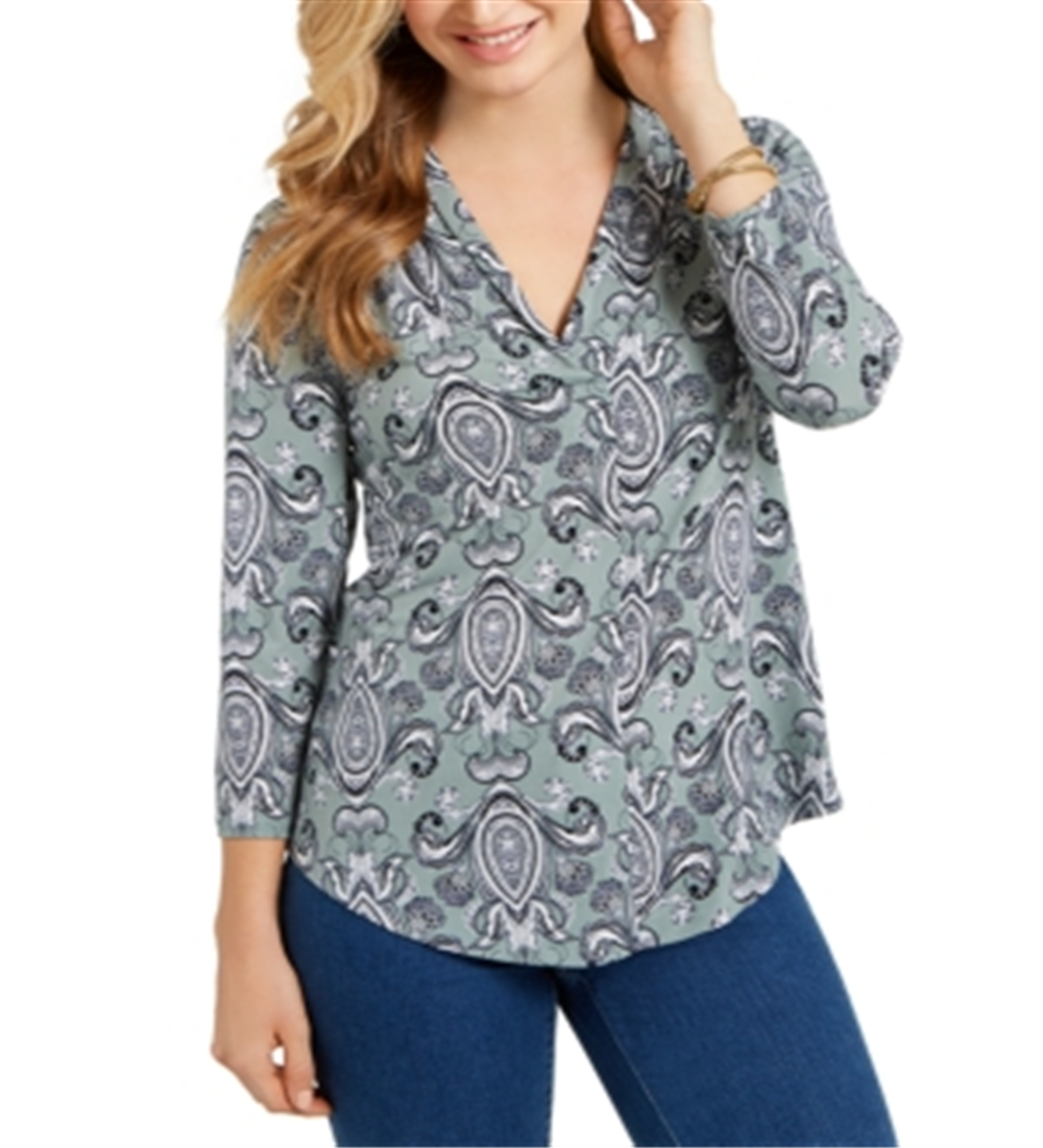 Top feminino estampado com decote em V, tamanho extragrande, verde, Charter Club