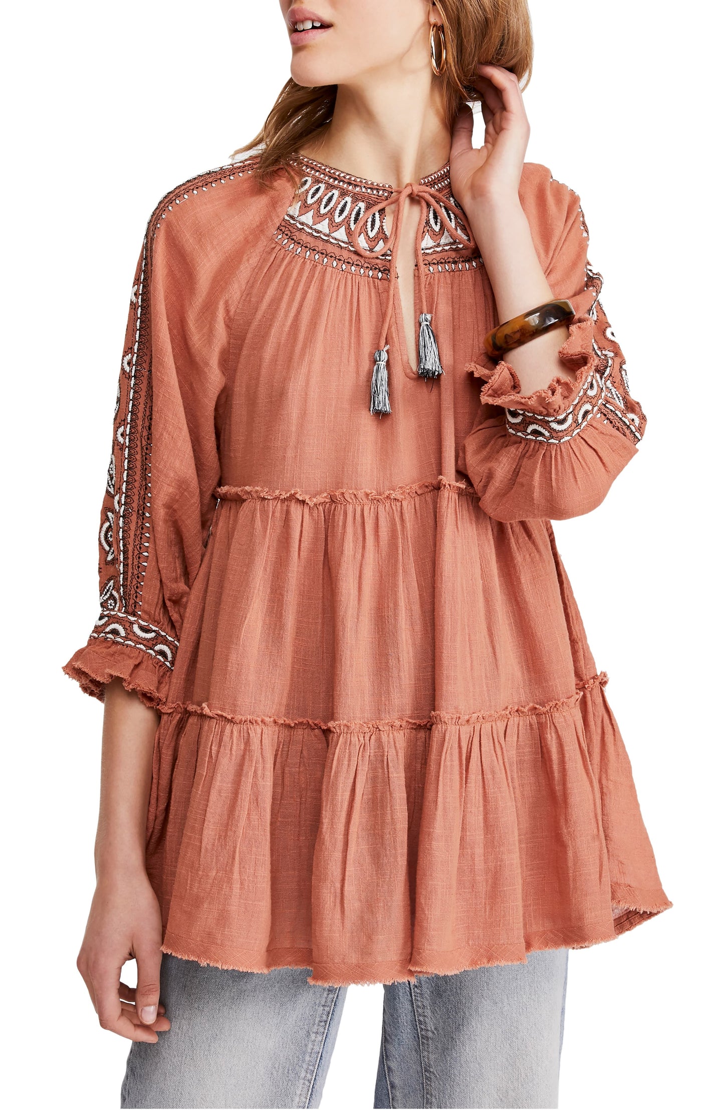 Blusa túnica bordada Dreamweaver feminina Free People - Terracota, tamanho pequeno