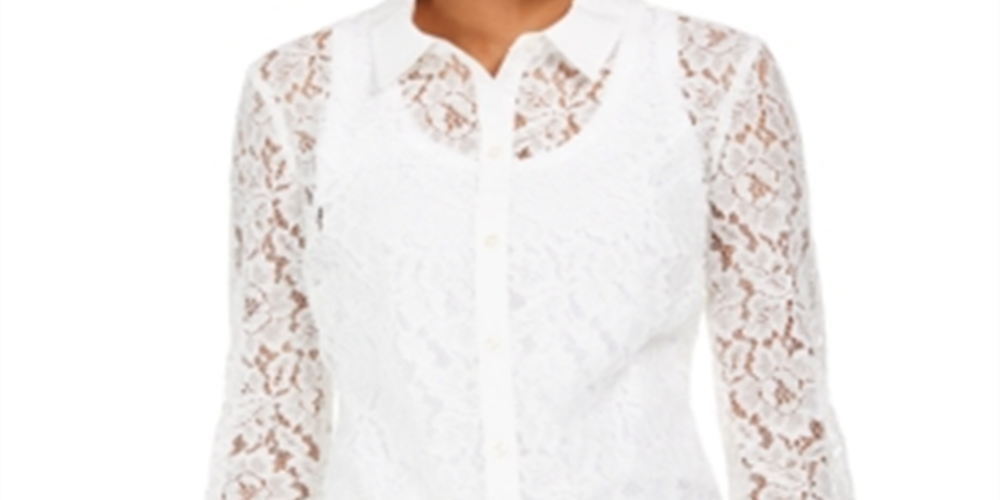 Camisa feminina de renda com botões Charter Club, branca, tamanho pequeno e grande