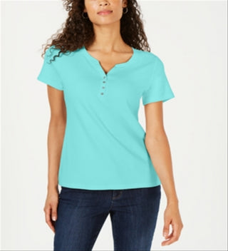 Karen Scott Top Henley de manga curta feminino azul tamanho pequeno