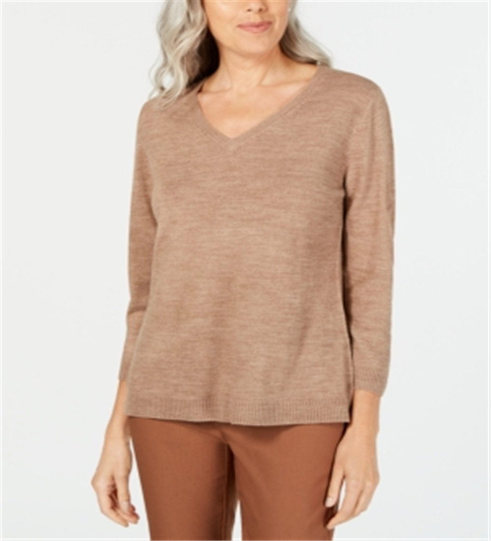 Camiseta feminina Karen Scott com decote em V e manga comprida mesclada, marrom, tamanho pequeno e pequeno