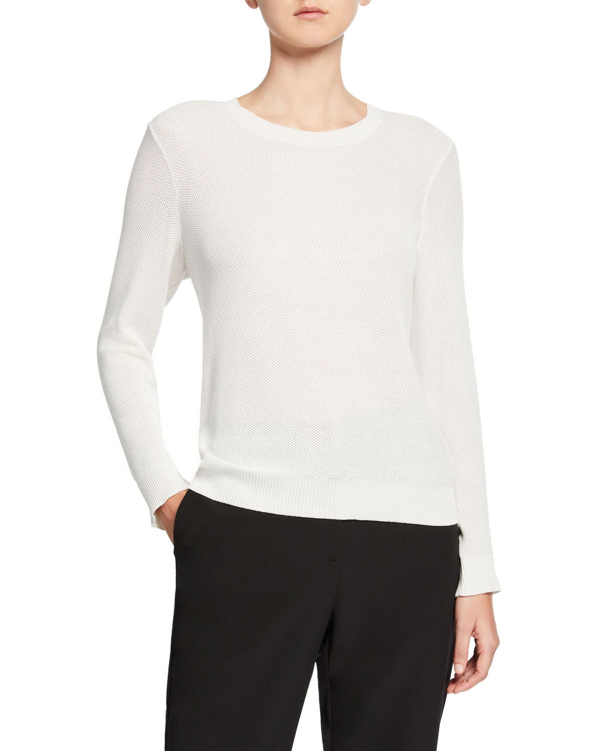 Blusa feminina Eileen Fisher de tencel com gola redonda, branca, tamanho pequeno P