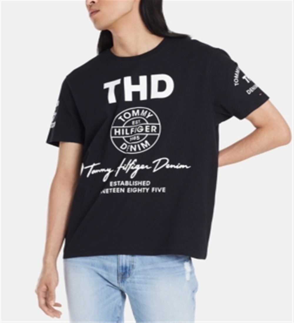 Camiseta masculina Tommy Hilfiger com estampa de gola redonda, preta, tamanho 2XL