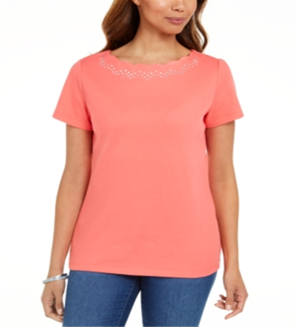 Camiseta feminina Karen Scott de algodão com gola recortada, laranja, tamanho pequeno