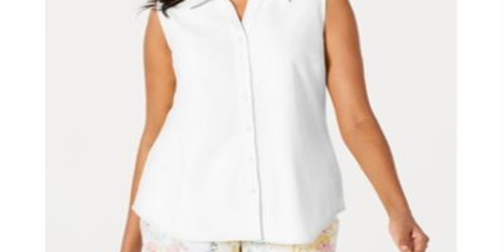 Camisa feminina sem mangas Charter Club Cotton Piquet, branca, tamanho 8