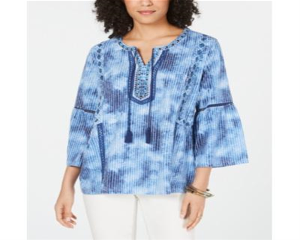Blusa feminina estilo &amp; co com decote dividido e acabamento em borlas, azul, tamanho extrapequeno