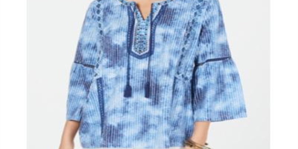 Blusa feminina estilo &amp; co com decote dividido e acabamento em borlas, azul, tamanho extrapequeno