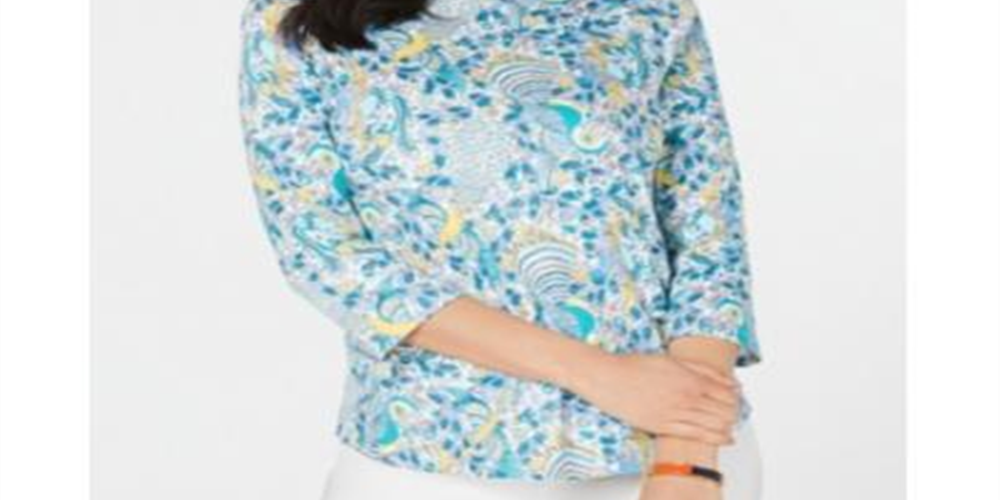 Camiseta feminina Charter Club de algodão estampada, verde, floral, tamanho PSM