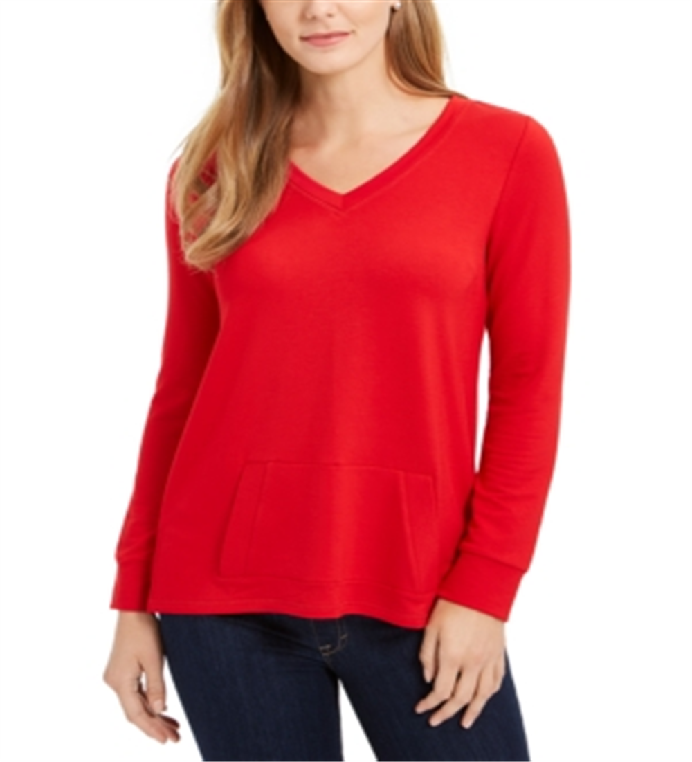 Túnica feminina Charter Club French Terry com decote em V, vermelha, tamanho X-S