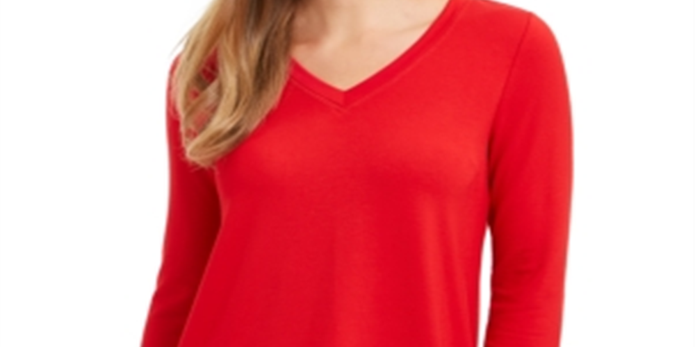 Túnica feminina Charter Club French Terry com decote em V, vermelha, tamanho X-S
